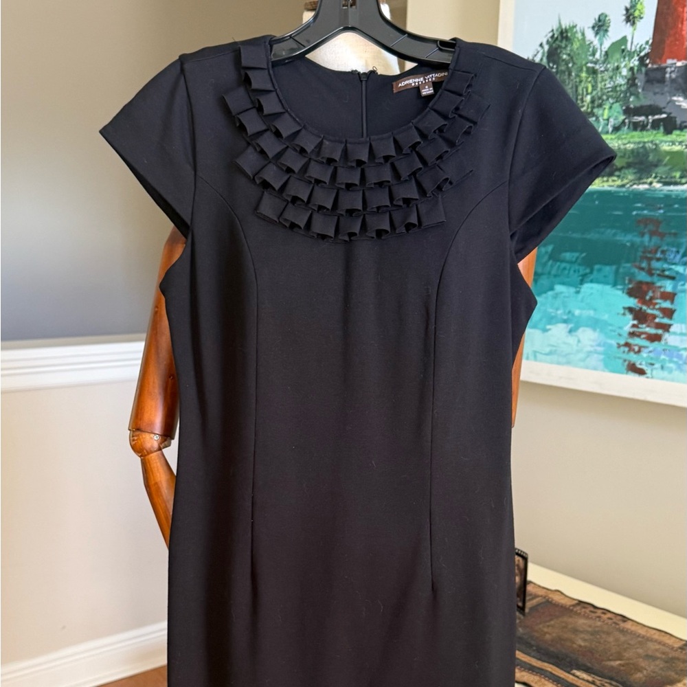 Adrienne Vittadini Black Midi Dress with Ruffled Neckline